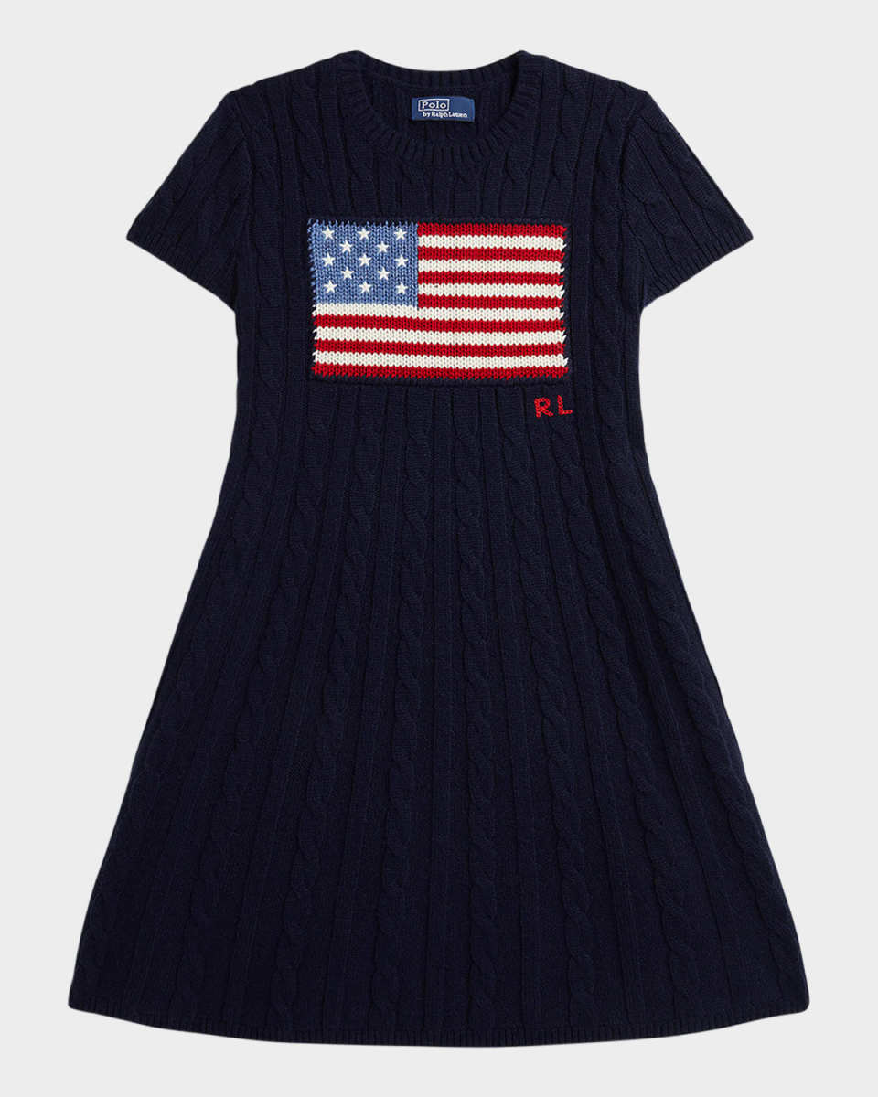 Girl's American Flag Cashmere Cable Knit Dress, Size S-